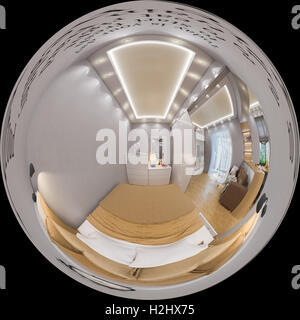 3D Darstellung sphärischer 360 Grad, nahtlosen Panorama Schlafzimmer Interior Design. Modernes Studio-Apartment in der skandinavischen Stockfoto