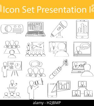 Gezeichnete Doodle ausgekleidet Icon Set Präsentation gestalte ich mit 16 Icons für den kreativen Einsatz in Grafik Stock Vektor
