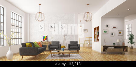 Moderne Einrichtung von Wohnzimmer, skandinavischen Stil, 3D-Rendering Stockfoto