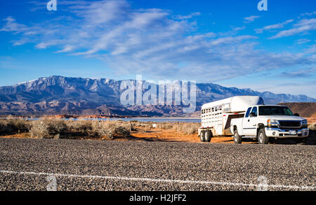 Pick-up-Fahrzeug mit Pferdeanhänger auf felsigen Hintergrund Stockfoto