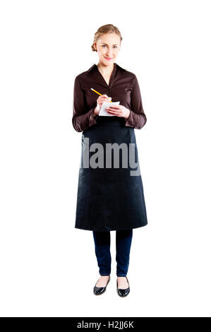 Kellnerin auf weißem Hintergrund unter Bestellung Stockfoto