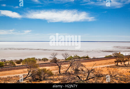 Bahnstrecke von der neuen Ghan im See Hart in der Nähe der Stuart Highway, South Australia Stockfoto