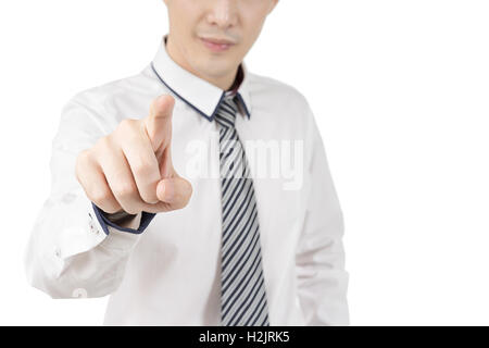 Geschäftsmann Fingerzeig auf weißem Hintergrund mit Beschneidungspfad, Weichzeichner, Business-Konzept Stockfoto