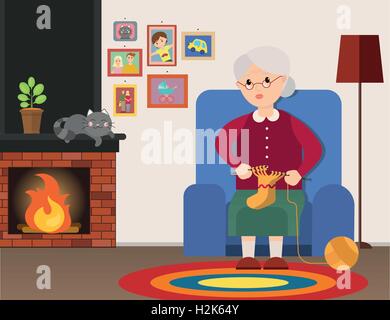 Oma sitzt in einem Sessel und strickt zu Hause Stock Vektor
