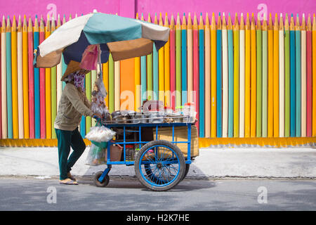 Vietnamesin mit konischen Hut, mit dem Fahrrad Stockfoto