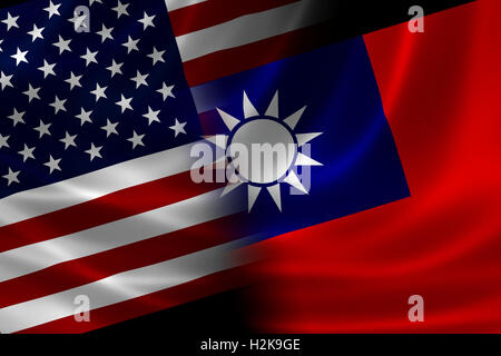 Zusammengeführte USA und taiwanesische Flagge auf seidige Textur. Konzept der langen historischen und politischen Beziehungen zwischen beiden Ländern. Stockfoto