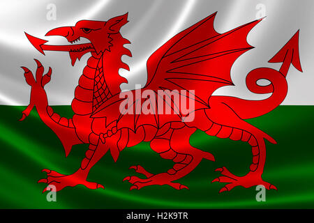 3D Darstellung der Flagge von Wales auf seidige Textur. Stockfoto