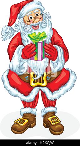 Santa Claus mit einem Geschenk in einer Box. Vektor-illustration Stock Vektor