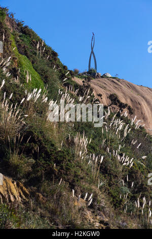 Nachschlagen von den Klippen mit Pampasgras wächst auf der Denkmal-Skulptur an der Spitze, East Overcliff, Bournemouth im September Stockfoto