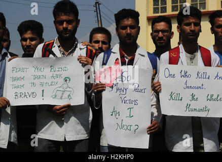 Srinagar. 29. Sep, 2016. Ärzte tragen weiße Schürzen halten ein Plakat anzeigen "sie nennen es Sicherheit, wir nennen es Völkermord" während einer Protestaktion fordern sofortiges Ende Völkermord in n gesteuert Kaschmir. Die anhaltende Unruhen hat behauptet, dass mehr als 86 lebt so weit überwiegend Zivilisten während mehr als 11.500 verstümmelt und geblendet haben. © Umer Asif/Pacific Press/Alamy Live-Nachrichten Stockfoto