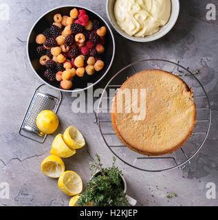 Schalen mit Zutaten für die Herstellung von Biskuit mit Zitronencreme, frischen bunten gelb rote Himbeeren und Dewberries und Thymian, Stockfoto