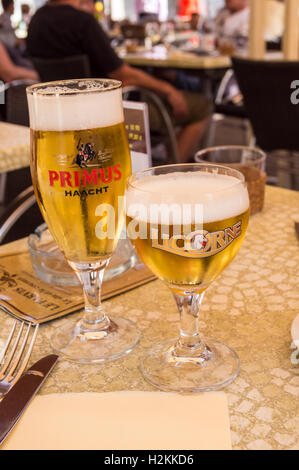 Primus und Licorne Bier in 125 ml (12,5 cl) galopin bedrucktes Glas, Le Parvis Brasserie Restaurant, Laon, Aisne, Picardie, Frankreich pub Tischgetränke glasse Stockfoto