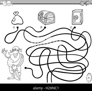 Schwarz / Weiß Cartoon Illustration der Bildungswege oder Labyrinth Puzzle Aktivität mit Piraten Charakter und Schätze Färbung B Stock Vektor