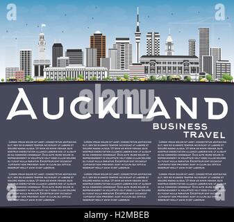 Auckland Skyline mit grauen Gebäuden, blauer Himmel und Textfreiraum. Vektor-Illustration. Geschäftsreisen und Tourismus-Konzept Stock Vektor