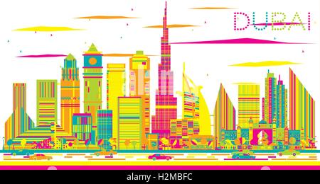 Abstrakte Dubai Skyline mit Farbe Gebäuden. Vektor-Illustration. Geschäftsreisen und Tourismus-Konzept mit moderner Architektur. Stock Vektor