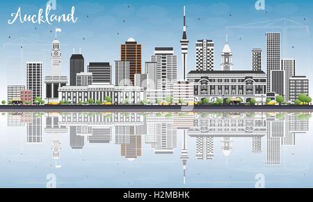 Auckland Skyline mit grauen Gebäuden, blauer Himmel und Reflexionen. Vektor-Illustration. Geschäftsreisen und Tourismus-Konzept Stock Vektor