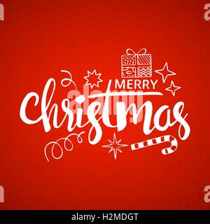 Frohe Weihnachten-Schriftzug. Moderne Vektor handgezeichnete Kalligraphie mit Geschenk-Box, Konfetti, Sternen und Xmas Zuckerstange Stock Vektor