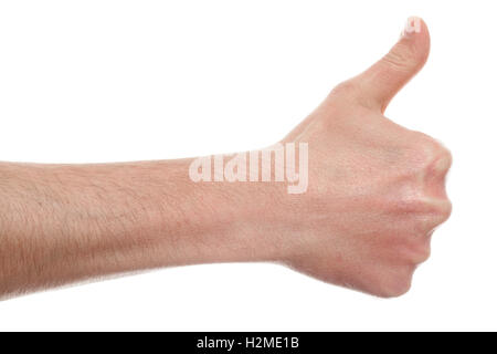 Männliche Hand Daumen hoch Geste auf weißem Hintergrund Stockfoto