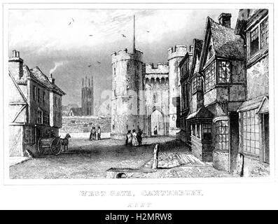 Ein Stich des West Gate, Canterbury, Kent, gescannt in hoher Auflösung aus einem Buch, das 1846 gedruckt wurde. Für urheberrechtlich frei gehalten. Stockfoto