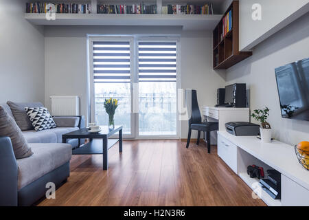 Neue Design-Wohnlandschaft mit Fenster, TV, großes Sofa und weiße Möbel-set Stockfoto