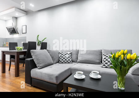 Neue Design-Wohngebäude mit großen Sofa, hölzerne Ess-Set und offene Küche Stockfoto