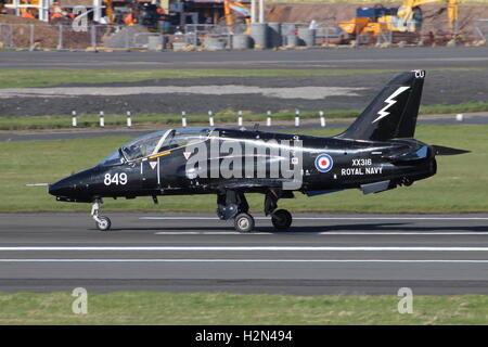 XX316, eine BAe Hawk T1 von der Royal Navy am Prestwick Flughafen während der Übung Joint Warrior 15-1 betrieben. Stockfoto