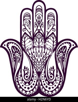 Gezeichnete Hamsa Hand oder von Fatima. Vektor-Illustration mit ethnischen und floralen Ornamenten Stock Vektor
