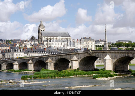Die Cathedral of Saint Louis in Blois mit Blick auf den Fluss Loire-Frankreich Stockfoto