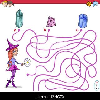 Cartoon-Illustration der Bildungswege oder Labyrinth-Puzzle-Aktivität mit Hexe Charakter Stock Vektor