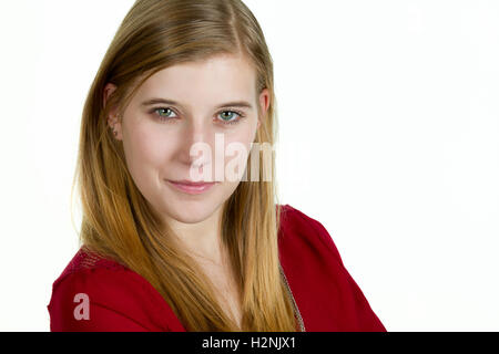 Kopfschuss von einem attraktiven blonden Frau in rot. Stockfoto