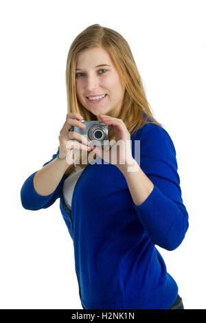 Eine attraktive blonde Frau mit einer Kamera Stockfoto