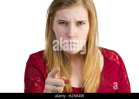Eine sehr verärgert Frau ihre Finger zeigen Stockfoto