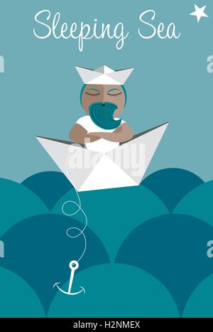 Meer und Papier Boot mit Seemann, Märchen, Geschichte Stock Vektor
