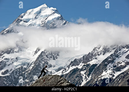 Wandern und Klettern am Mount Cook Nationalpark, Neuseeland. Stockfoto
