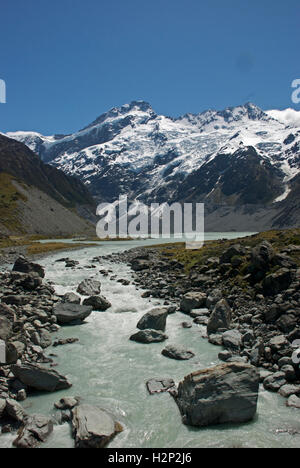 Glazial-Schmelzwasser fließt aus den Bergen im Bereich von Mount Cook auf Neuseelands Südinsel. Stockfoto