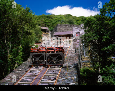 National Slate Museum, Llanberis, North Wales: Schiefer Güterwagen, Schienen, Kabel & Walze Haus auf der restaurierten V2 Steigung von Vivian Quarry. Stockfoto