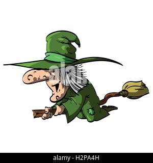 Vektor-Illustration von einem Befana oder eine Hexe fliegen auf einem Besen, mit grüne Kleidung / robe Stock Vektor