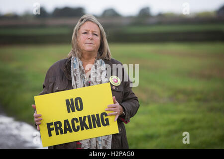 Anti-Fracking-Aktivistin Barbara Richardson, abgebildet bei ihr zu Hause in der Nähe von Dorf Wharles, in der Nähe der vorgeschlagene Standort im Roseacre Wood, Lancashire wo Fracking Firma Cuadrilla Erlaubnis, Bau und Erprobung für Shale Gas-Extraktion durchzuführen gegeben hat. Am 6. Oktober 2016 der britischen Regierung Gemeinden Sekretärin, Sajid Javid, akzeptiert eine Beschwerde von Cuadrilla gegen eine frühere Entscheidung, drehen Sie ihre Pläne zur Frack an Standorten auf der Küste von Fylde. Stockfoto