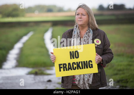 Anti-Fracking-Aktivistin Barbara Richardson, abgebildet bei ihr zu Hause in der Nähe von Dorf Wharles, in der Nähe der vorgeschlagene Standort im Roseacre Wood, Lancashire wo Fracking Firma Cuadrilla Erlaubnis, Bau und Erprobung für Shale Gas-Extraktion durchzuführen gegeben hat. Am 6. Oktober 2016 der britischen Regierung Gemeinden Sekretärin, Sajid Javid, akzeptiert eine Beschwerde von Cuadrilla gegen eine frühere Entscheidung, drehen Sie ihre Pläne zur Frack an Standorten auf der Küste von Fylde. Stockfoto