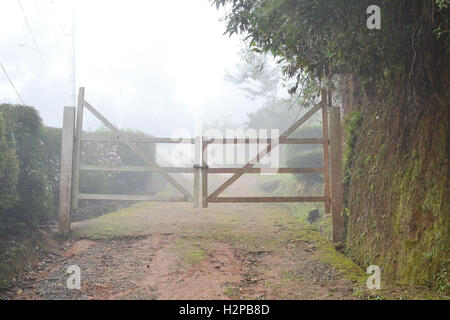 Tor auf der Zufahrt zum Landhaus im Bereich Petropolis, Brasilien, geschlossen, auf einem sehr nebligen Morgen Stockfoto