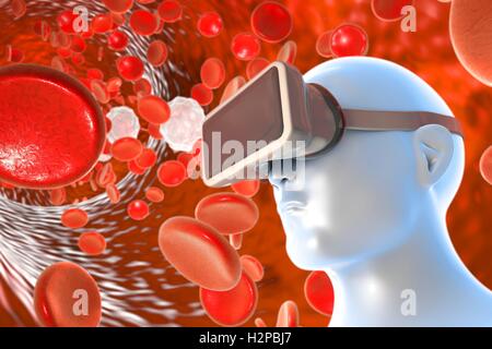 Menschlichen Kopf trägt eine virtual-Reality-Kopfhörer. Konzeptionelle Darstellung Perspektive der virtuellen Realität in biomedizinischen Bildung und Wissenschaft. Stockfoto