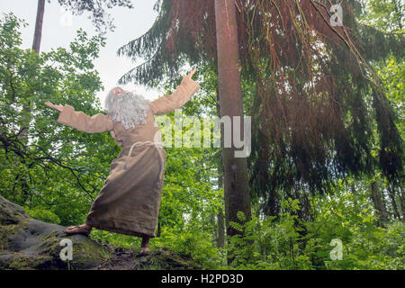 Bärtiger Mann verehren Gott in der Natur. Der alte Einsiedler hob die Hände zum Himmel. Stockfoto