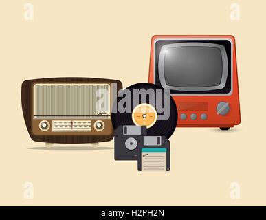 Retro-Hipster Radio Vinyl Record Diskette und tv Symbole Bild Stock Vektor