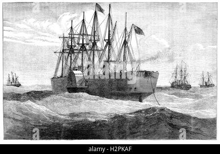 SS Great Eastern war ein Bügeleisen Dampf Segelschiff von Isambard Kingdom Brunel und das größte Schiff, das jemals gebaut wurde, zum Zeitpunkt der ihrem Stapellauf 1858 entworfen. Nach Umbauarbeiten wurde sie an der neu gegründeten Telegraph Bau- und Wartungsfirma verchartert und legte 4.200 Kilometern 2.600 transatlantischen 1865 telegraph Kabel. Dann telegraph 48.000 km (30.000 Meilen) von u-Boot von Brest, Frankreich, Saint Pierre und Miquelon vor Neufundland im Jahre 1869, und von Aden nach Bombay 1869 und 1870. Stockfoto