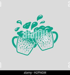 Zwei klirrendes Bierkrüge mit fliegen aus Schaum-Symbol. Grauer Hintergrund mit grün. Vektor-Illustration. Stock Vektor