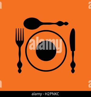 Besteck und Teller-Symbol. Orangefarbenen Hintergrund mit schwarz. Vektor-Illustration. Stock Vektor