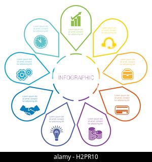 Pfeile in Kreis, angeordnet in den Kreis. Vorlage für Infografik mit Text Bereich neun Positionen. Stock Vektor