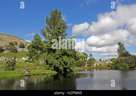 Fliegenfischen Sie auf Kilnsey Parkgrundstück mit Kilnsey Felsen im Hintergrund, Kilnsey, Yorkshire Stockfoto