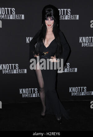 Buena Park, Kalifornien, USA. 30. September 2016. 30. September 2016 - Buena Park, Kalifornien. Elvira. Knotts Scary Farm Black Carpet Party statt auf Knotts Berry Farm. Bildnachweis: Birdie Thompson/AdMedia Credit: Birdie Thompson/AdMedia/ZUMA Draht/Alamy Live-Nachrichten Stockfoto