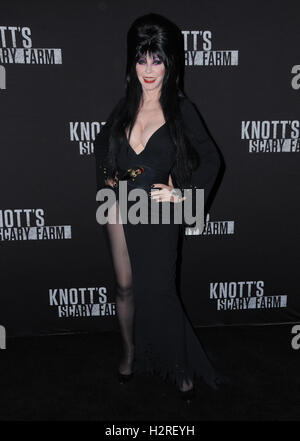 Buena Park, Kalifornien, USA. 30. September 2016. 30. September 2016 - Buena Park, Kalifornien. Elvira. Knotts Scary Farm Black Carpet Party statt auf Knotts Berry Farm. Bildnachweis: Birdie Thompson/AdMedia Credit: Birdie Thompson/AdMedia/ZUMA Draht/Alamy Live-Nachrichten Stockfoto